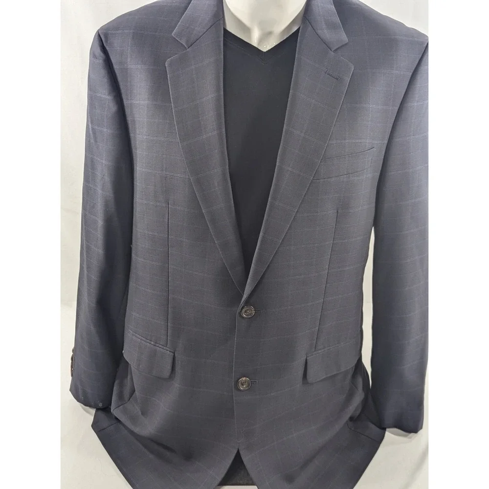 Ralph Lauren Blazer Sports Coat 100% Wool Blue Subtle Plaid Suit Jacket 41L 44